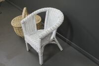 White Painted Childs Woven Cane Chair + 2 Lidded Wicker Picnic Basket - 2