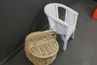 White Painted Childs Woven Cane Chair + 2 Lidded Wicker Picnic Basket - 3