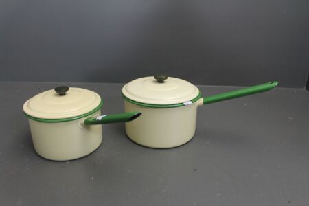 Pair of Vintage Graduated Never Used Judge Enamel Saucepans