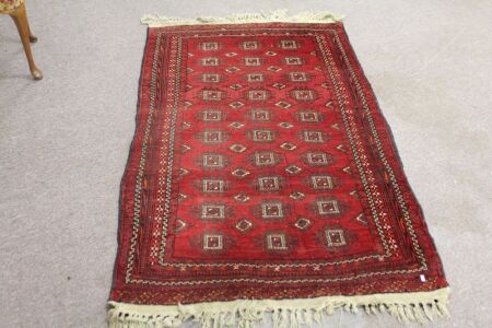 Vintage Hand Knotted Persian Wool Rug Ruby Red with Geometric Design