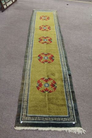 Vintage Hand Knotted Wool Runner in Green and Blue