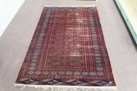 Vintage Finely Hand Knotted Persian Wool Rug in Reds and Blues with Geometric Design - Some Wear