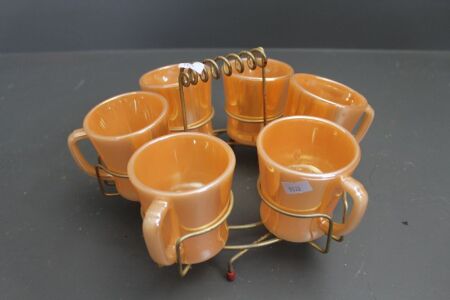 Vintage 1960's Set of 6 Fire King USA Lustre Mugs with Wire Carrier