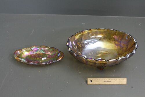 Large 4 Footed Carnival Glass Fruit Bowl + Simlar Oval Dish with Sunflower Design