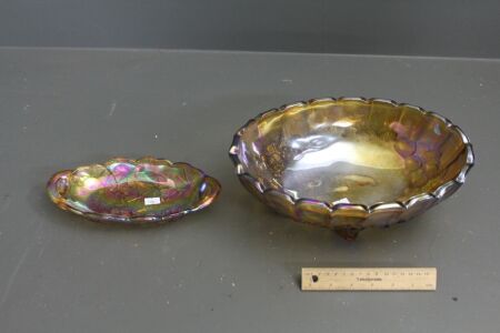 Large 4 Footed Carnival Glass Fruit Bowl + Simlar Oval Dish with Sunflower Design