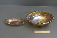 Large 4 Footed Carnival Glass Fruit Bowl + Simlar Oval Dish with Sunflower Design