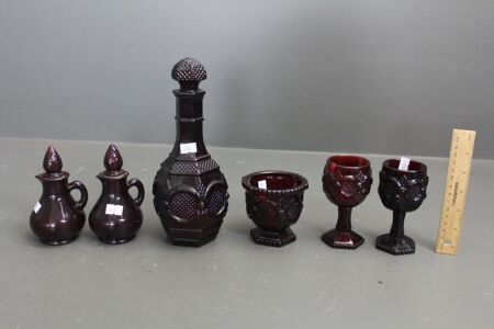 6 x Vintage Ruby Red Avon Glass Pieces inc. Decanter