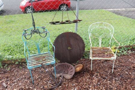 Asstd Lot of Vintage Rusty Iron inc. Large Circ. Saw Blade, Anchor, Tractor Seat, 2 Chairs, 2 Candleabras, 2 Pans