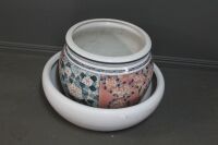 Large Chinese Ceramic Fish Bowl Planter + Low White Planter