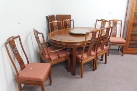 Carved Rosewood Extending Dining Table with 2 Extra Leaves + 8 Carved Rosewood Chairs inc 2 Carvers and Silk Cushions + Rosewood Lazy Susan