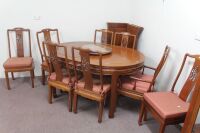 Carved Rosewood Extending Dining Table with 2 Extra Leaves + 8 Carved Rosewood Chairs inc 2 Carvers and Silk Cushions + Rosewood Lazy Susan - 2