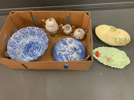 Asstd Lot of Ceramics inc Japanese 3 Piece Lustre Coffee, Italian Blue & White Bowl, 2 W.German B/W Plates & Carltonware (As Is)
