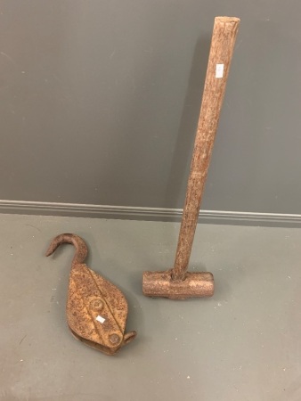 Vintage Large Sledge Hammer and Steel Pulley Hook