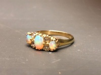 Victorian Style 18ct Gold 3 Opal Ring with 4 Small Diamonds - 2