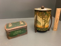 Antique Art Nouveau Pressed Tin Cobra Boot Polish Tin + W.Menz & Co. Adelaide 3 Legged Pressed Biscuit Tin