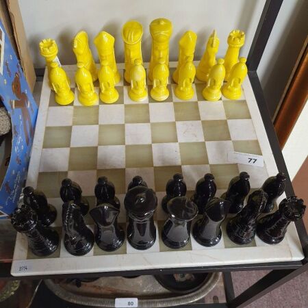 Black and Yellow Ceramic Chess Set with Onyx and Alabaster Board