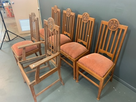 Set of 6 Vintage Arts and Crafts Oak Dining Chairs with Upholstered Seats and Carved Central Motif