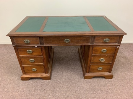 Vintage Style Timber 9 Drawer Timber Office Desk with Leatherette Top - Come in 3 Parts