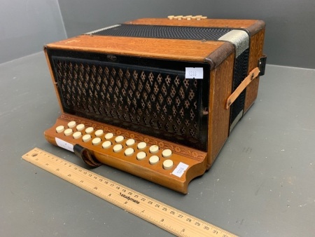 Antique Pressed Timber German Hohner Button Accordion in Pressed Timber