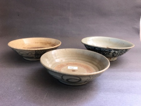 3 x Antique Qing Dynasty Part Glazed Bowls c1800's