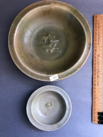 2 x Rare Chinese Celadon Glazed Song Dynasty Bowls both with Fluted Signs and Small Raised Fish Motifs Inside c1100's