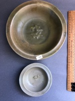 2 x Rare Chinese Celadon Glazed Song Dynasty Bowls both with Fluted Signs and Small Raised Fish Motifs Inside c1100's