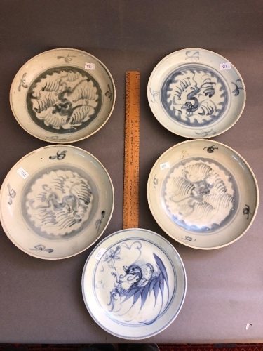 5 x Antique Chinese/Japanese Glazed Stoneware Bowls with Dragon Designs - c1860's-80's