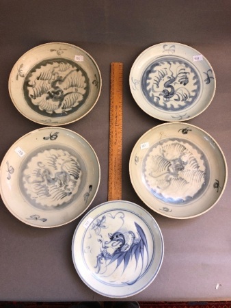 5 x Antique Chinese/Japanese Glazed Stoneware Bowls with Dragon Designs - c1860's-80's