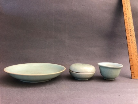 3 Pieces of Celadon Glazed Chines Pottery inc Small Tea Bowl c1400 - Plate is Hand Marked to Base