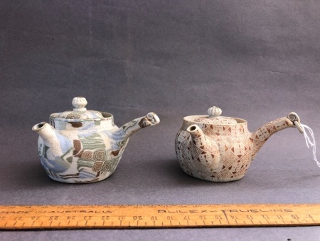 2 x Vintage Small Finely Detailed and Hand Decorated Unglazed Pottery Teapots