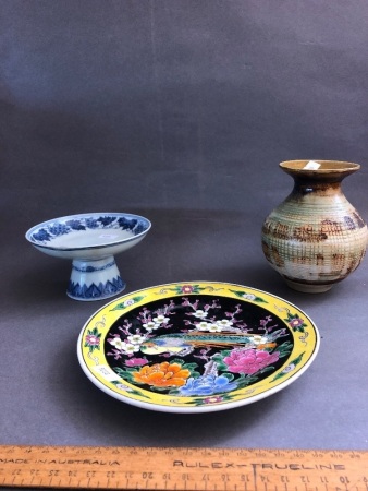 3 Pieces Vintage Chinese Pottery c1890-1950's - Comport Has Been Restored