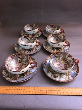 Set of 6 Hand Painted Japanese Satsuma Cups and Saucers c1900 - As Is