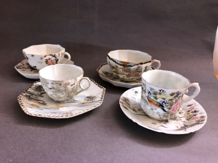 4 x Asstd Antique Japanese Hand Painted Kutani Porcelain Cups and Saucers - All Signed to Base - c1900