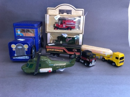 Asstd Lot of Die Cast inc. 2 New in Box Oil Trucks, Helicopter, Tanker etc