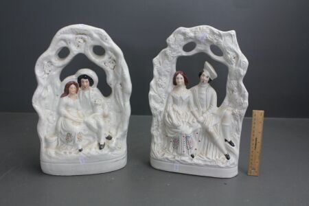 2 x Large Antique Victorian Staffordshire Ceramic Courting Couples Figures