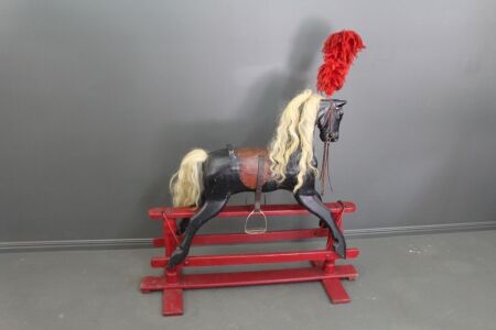 Antique Black Painted Rocking Horse with Original Hair and Leather Saddle