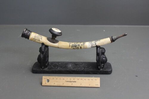 Antique Carved Bone Chinese Opium Pipe on Timber Stand