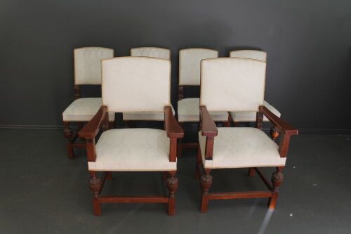 Set of 6 Carved Oak Dining Chairs with Upholstered Seats and Backs