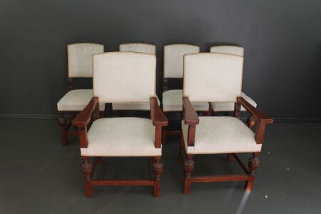 Set of 6 Carved Oak Dining Chairs with Upholstered Seats and Backs
