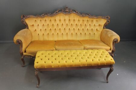 Vintage Button Backed and Carved 3 Seater Parlour Sofa Upholstered in Gold with Matching Footstool