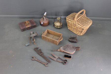 Large Asstd Lot of Interesting Bric-a-Brac inc. Clock, Basket, Primus Stove, Copper Kettle Etc