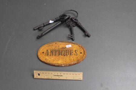 Cast Iron Oval Antiques Wall Plaque + Cast Iron Keys on Ring
