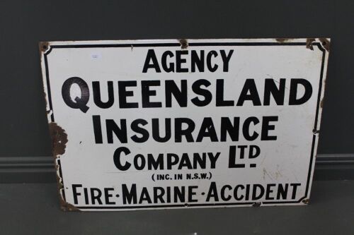 Original Vintage Enamelled Agency Steel Sign for Qld Insurance Agency - Fire Marine Accident