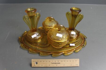 5 Piece Vintage Art Deco Amber Glass Bedroom Set