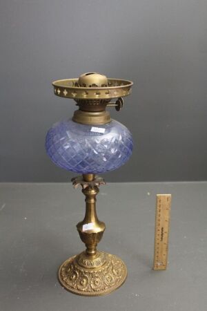 Cast Brass Kero Lamp Base with Blue Cut Glass Resevoir