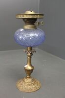 Cast Brass Kero Lamp Base with Blue Cut Glass Resevoir - 2