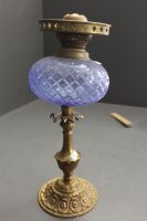 Cast Brass Kero Lamp Base with Blue Cut Glass Resevoir - 3