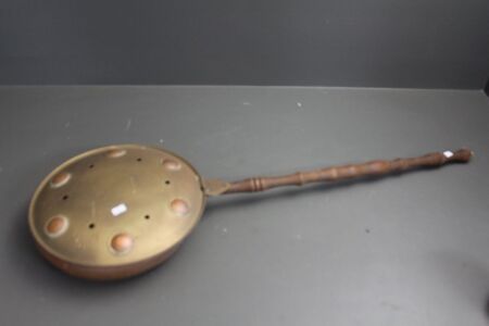 Vintage Copper and Brass Bed Warmer on Turned Timber Handle
