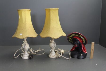 Alexander Takacs Bavarian Arts Mid Century Black Lady Table Lamp + Pair Vintage Alabaster Table Lamps