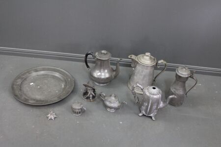 Asstd Lot of Antique Pewter Ware Inc. Large Charger